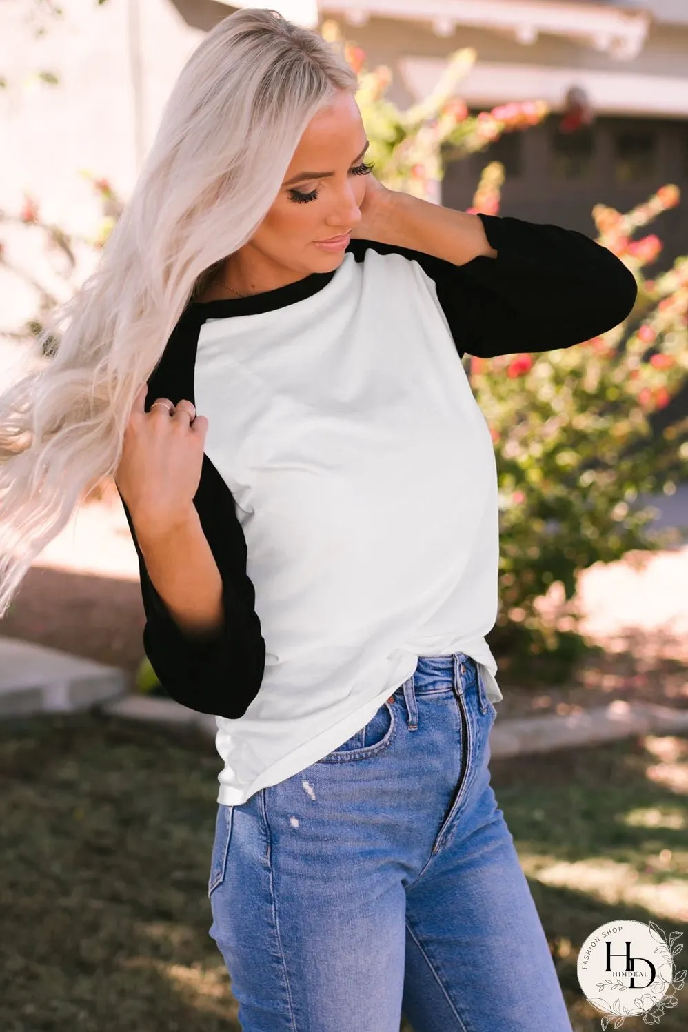 Black Patchwork Color Block Raglan Sleeve Pullover Top