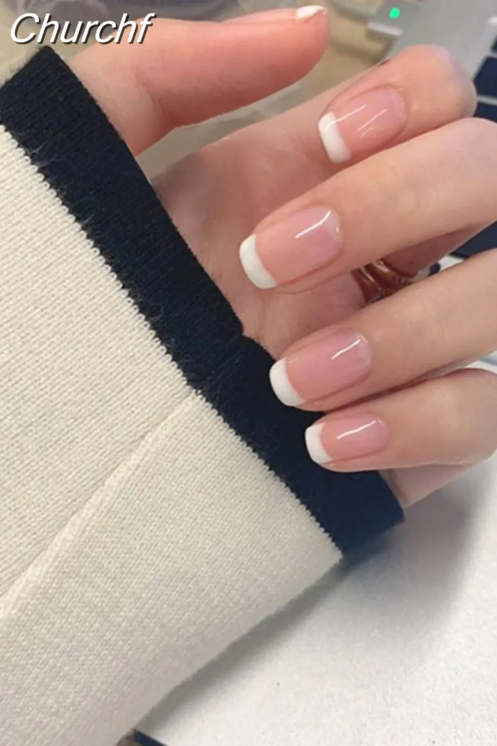 Churchf French White Side False Nails Wearable Rhinestone Desgin Fake Nails Short Simple Nail Full Cover Nail Tips Press On Nails-Nail Inspo