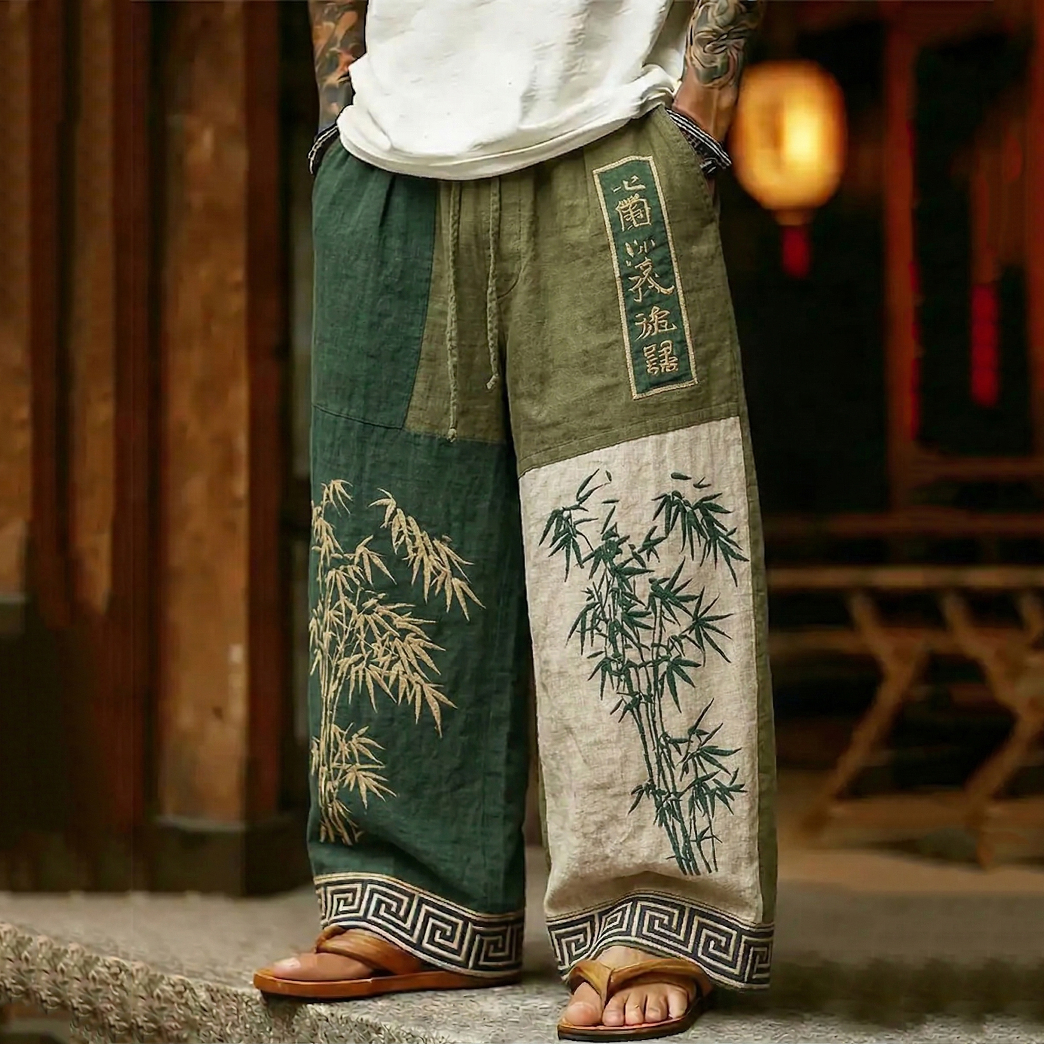 Japanese Style Bamboo Patchwork Art Linen Blend Pants elevenforest