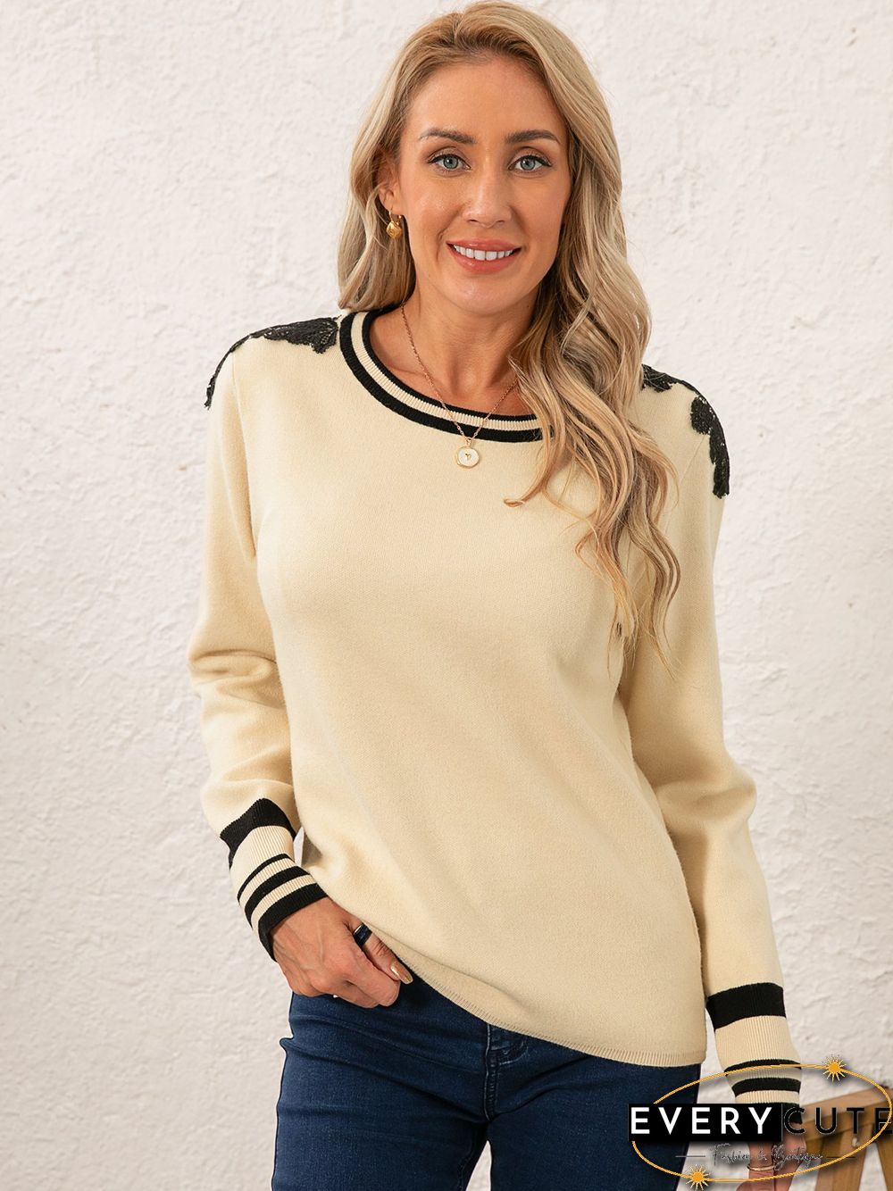 Sweet Viscose Mid-weight Party Loose Crew Neck Regular Sweater for Women