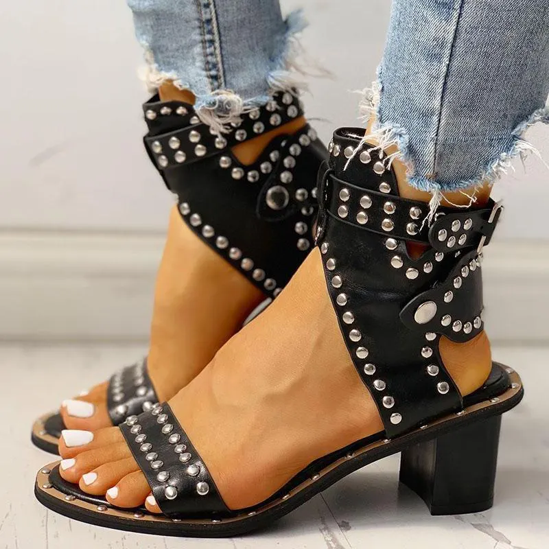Open Toe Rivet Chunky Heeled Sandals For Women