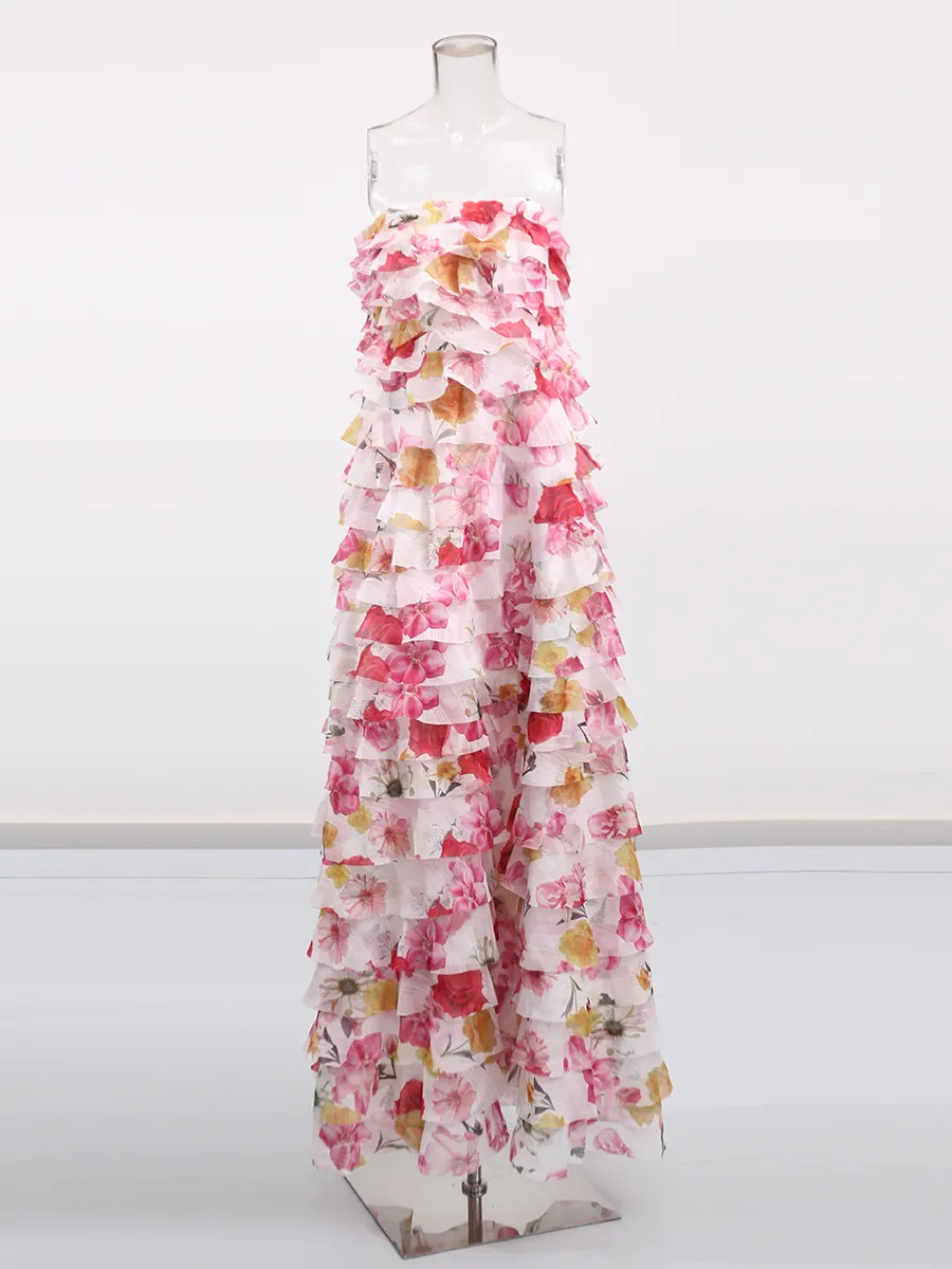 Brownm Fashion Dress Women 2025 Summer New Lotus Edge Temperament Folding High-Waisted Solid Color Bosom Long Dress