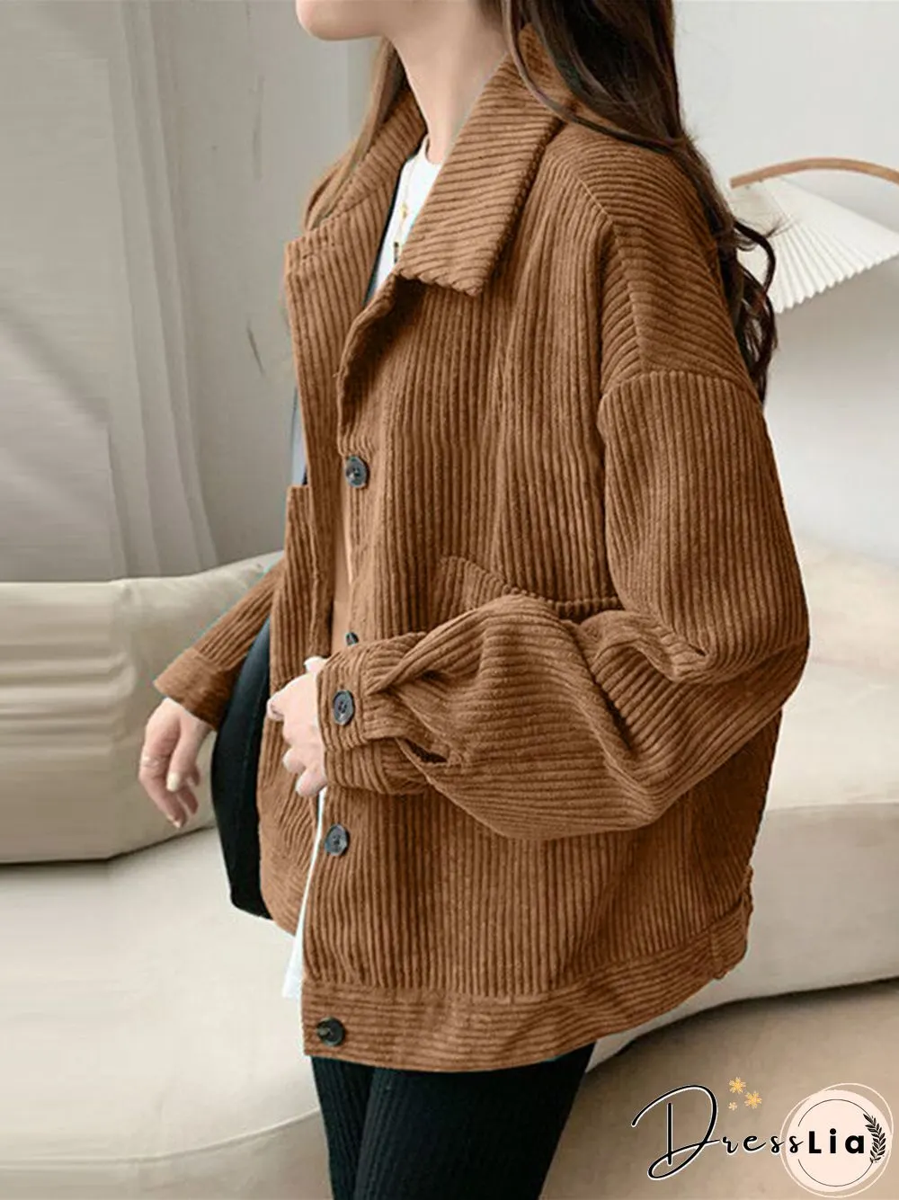 Corduroy Solid Pocket Button Loose Long Sleeve Lapel Jacket