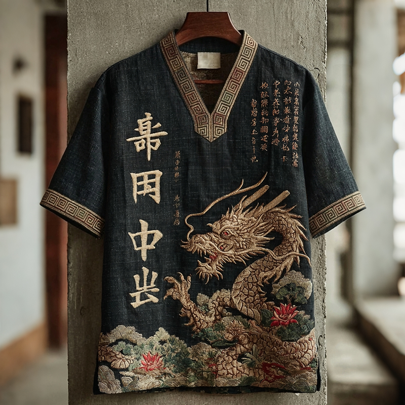 Men's Japanese Calligraphy & Dragon Art Linen-blend T-shirt elevenforest
