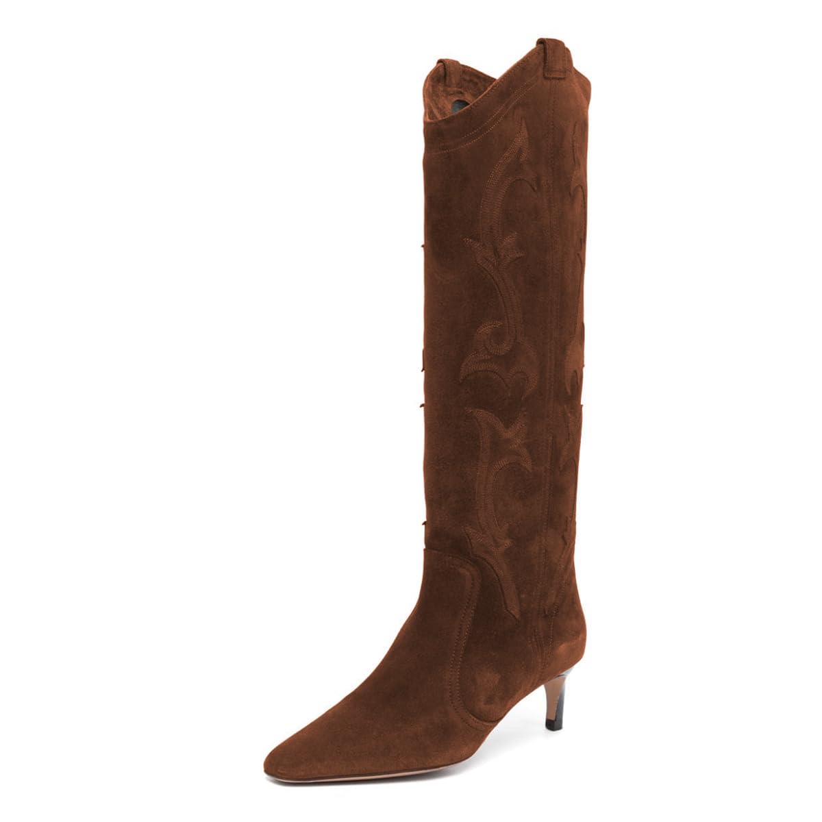 Brown Square Toe Kitten Heel Embroidered Knee High Western Boots Nicepairs