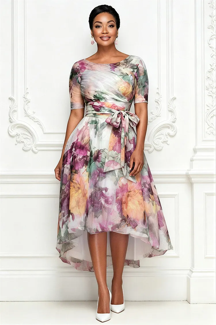 Xpluswear Design Plus Size Wedding Guest Purple Floral Round Neck Short Sleeve Wrap Chiffon Midi Dresses [Pre-Order] 2024 - Xpluswear
