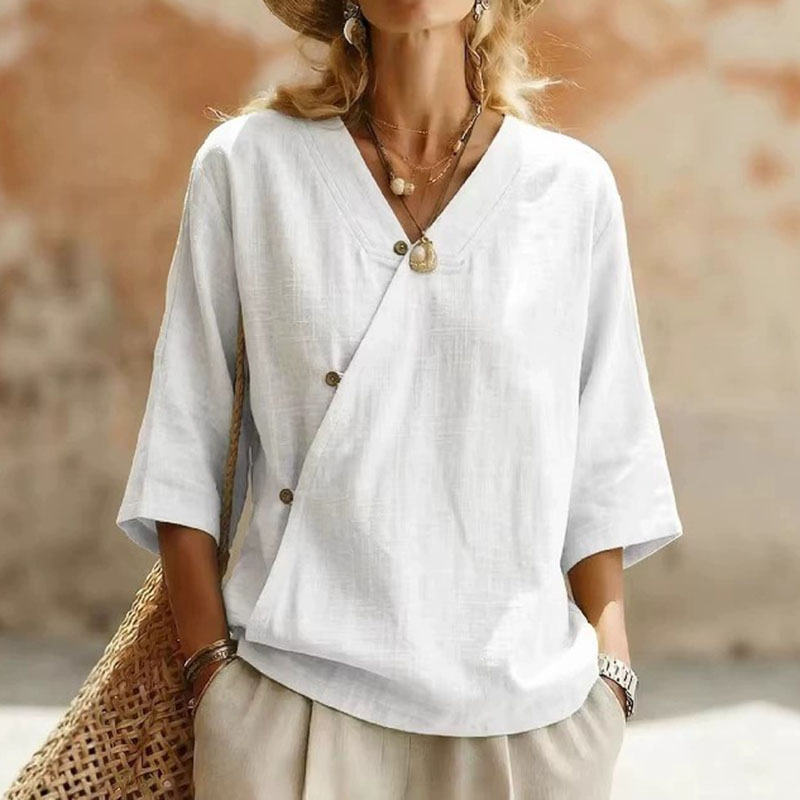 Comstylish Women's Casual Cotton And Linen Retro Diagonal Button Three-quarter Sleeve Top