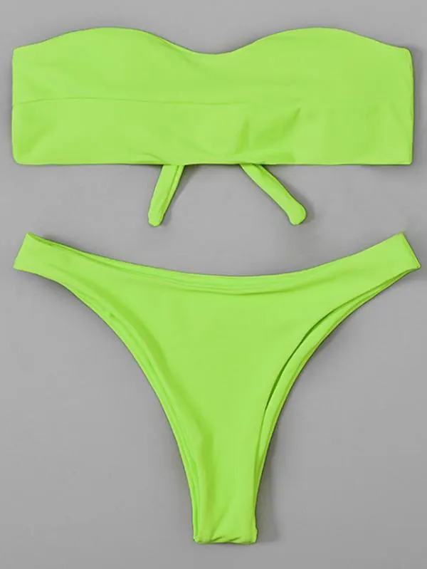 Solid Color Strapless Bandage Bikini Swimsuit