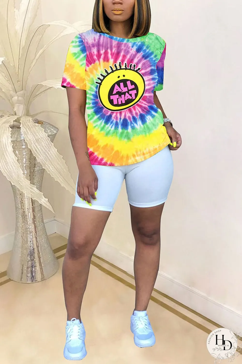 Blue White Blue Orange Yellow colour Polyester O Neck Short Sleeve Patchwork Print Character Tops