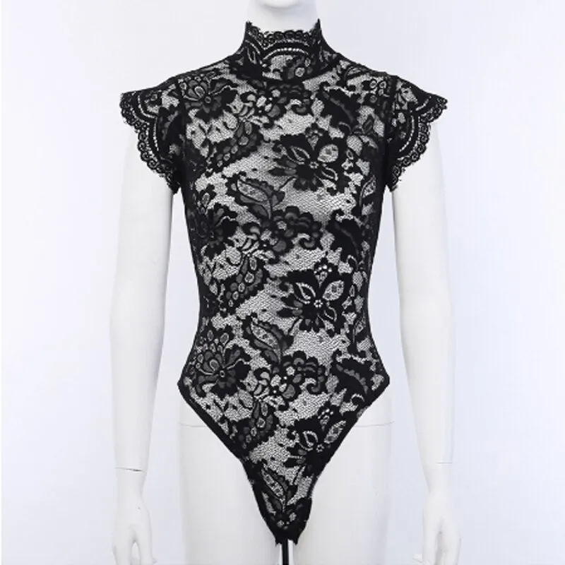 Women's Sexy Sissy Lace Lingerie Turtleneck Bodysuits Black White Nightwear Underwear Back Bandage Erotic Apparel Clothes