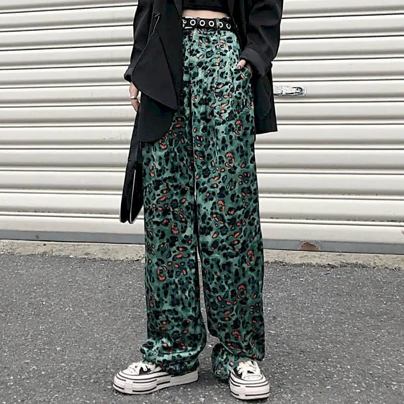 Leopard print wide-leg pants women high waist mopping drape feeling 2020 autumn drape autumn thin pants personality streetwear