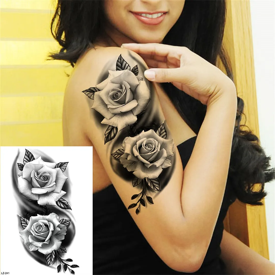 Flower Compass Temporary Tattoo For Women Girls Adult Rose Peony Tattoos Sticker Fake Black Floral Body Art Thigh Tatoos Paper