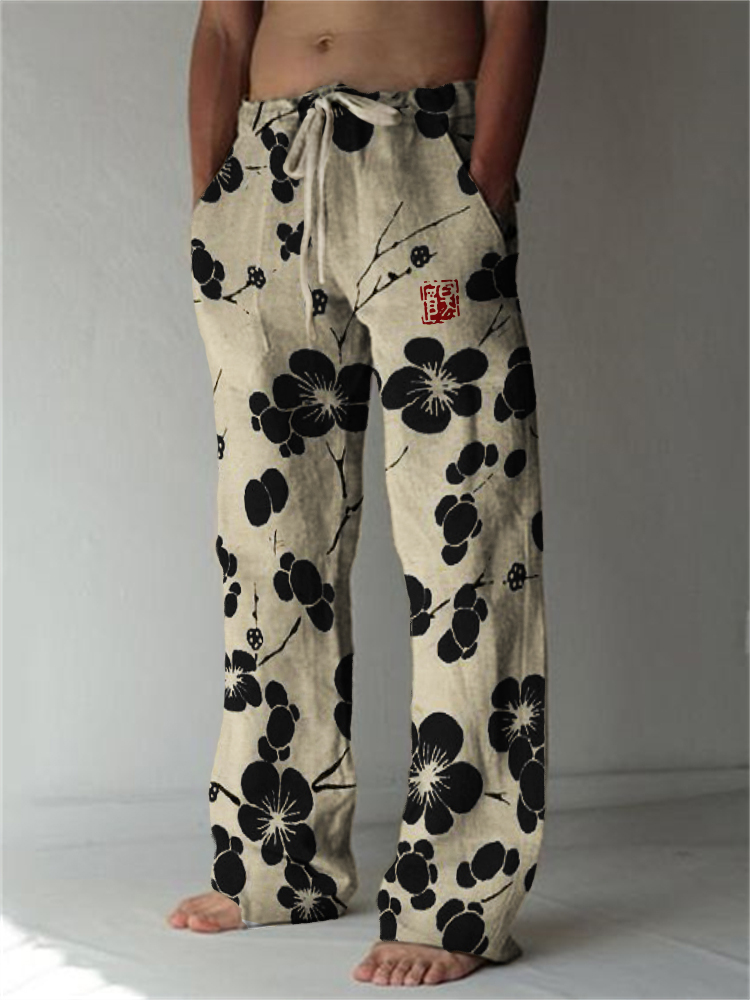 Cherry Blossom Japanese Lino Art Linen Blend Casual Pants  artssus