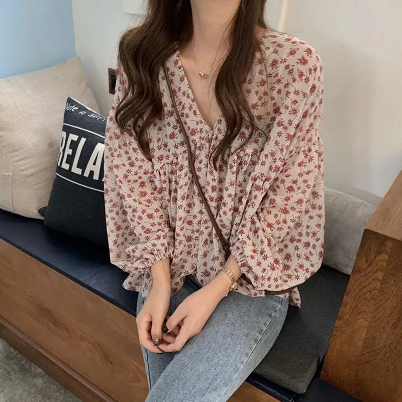 V-neck Chiffon Shirt Women Sweet Tops Blouse 2021 Spring New Korean Floral Print Long Sleeve Casual Loose Slim Lady Clothes 9307