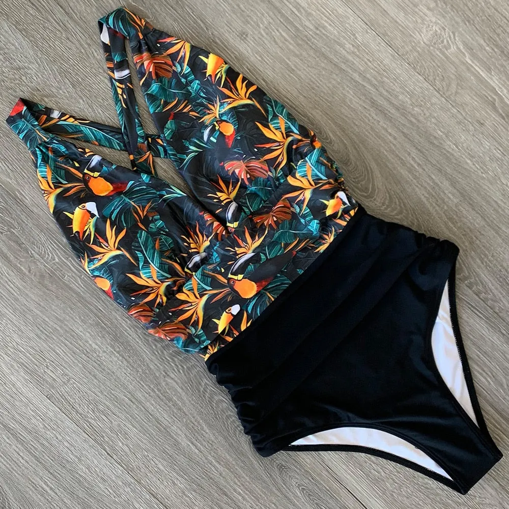 2022 New Sexy One Piece Swimsuit Female Floral Women Swimwear Push Up Bathing Suits Bodysuits Beach wear Deep V-neck Monokini