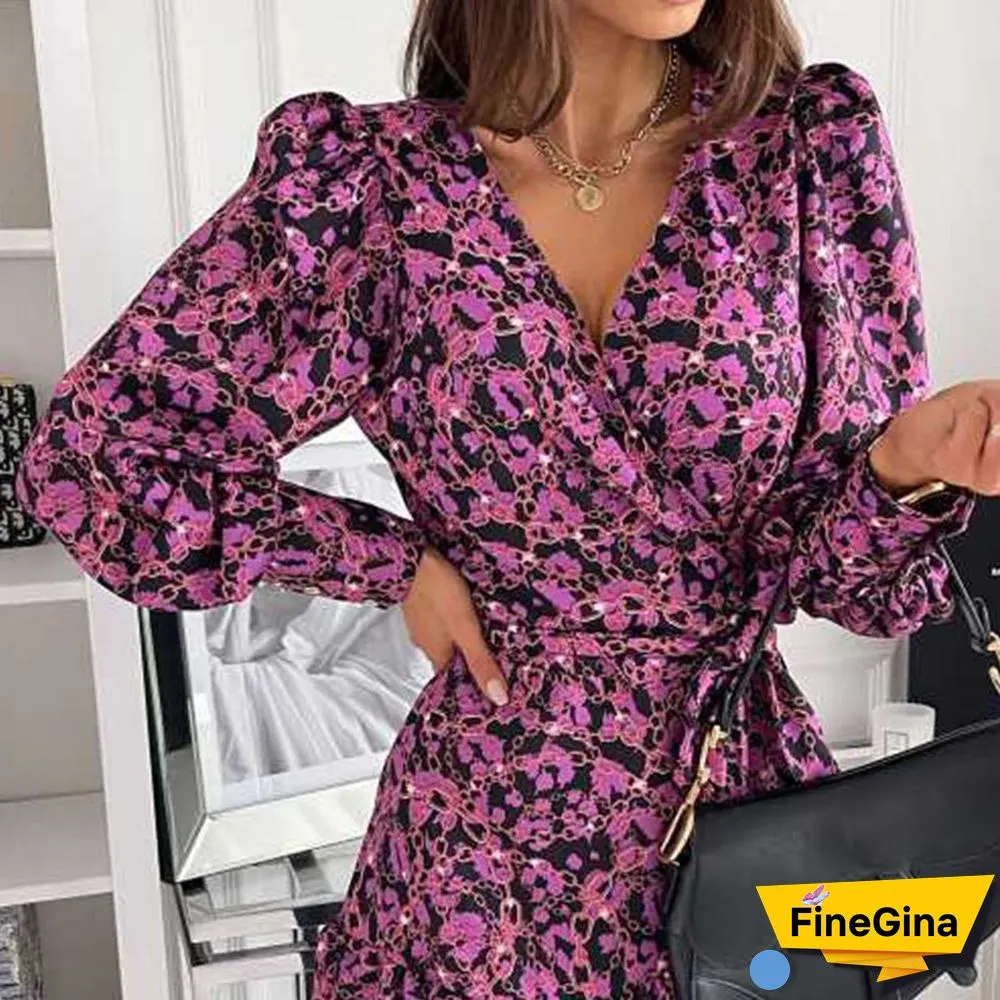 Spring Long Lantern Sleeve Print Wrap Dress Women Elegant Ruffles V Neck Red Party Dresses Autumn Female A Line Office Vestidos