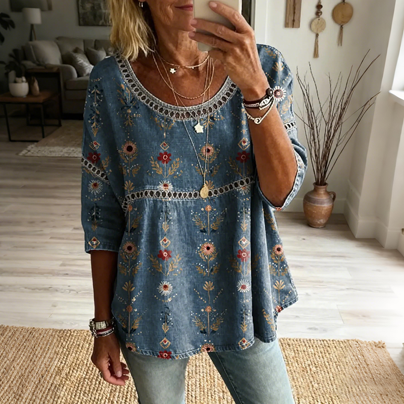Comstylish Women's Floral Pattern Art Print Casual Lace-up Top