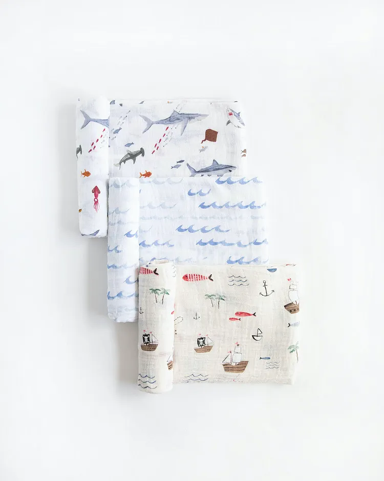 Cotton Muslin Swaddle Blanket 3 Pack - Shark 2