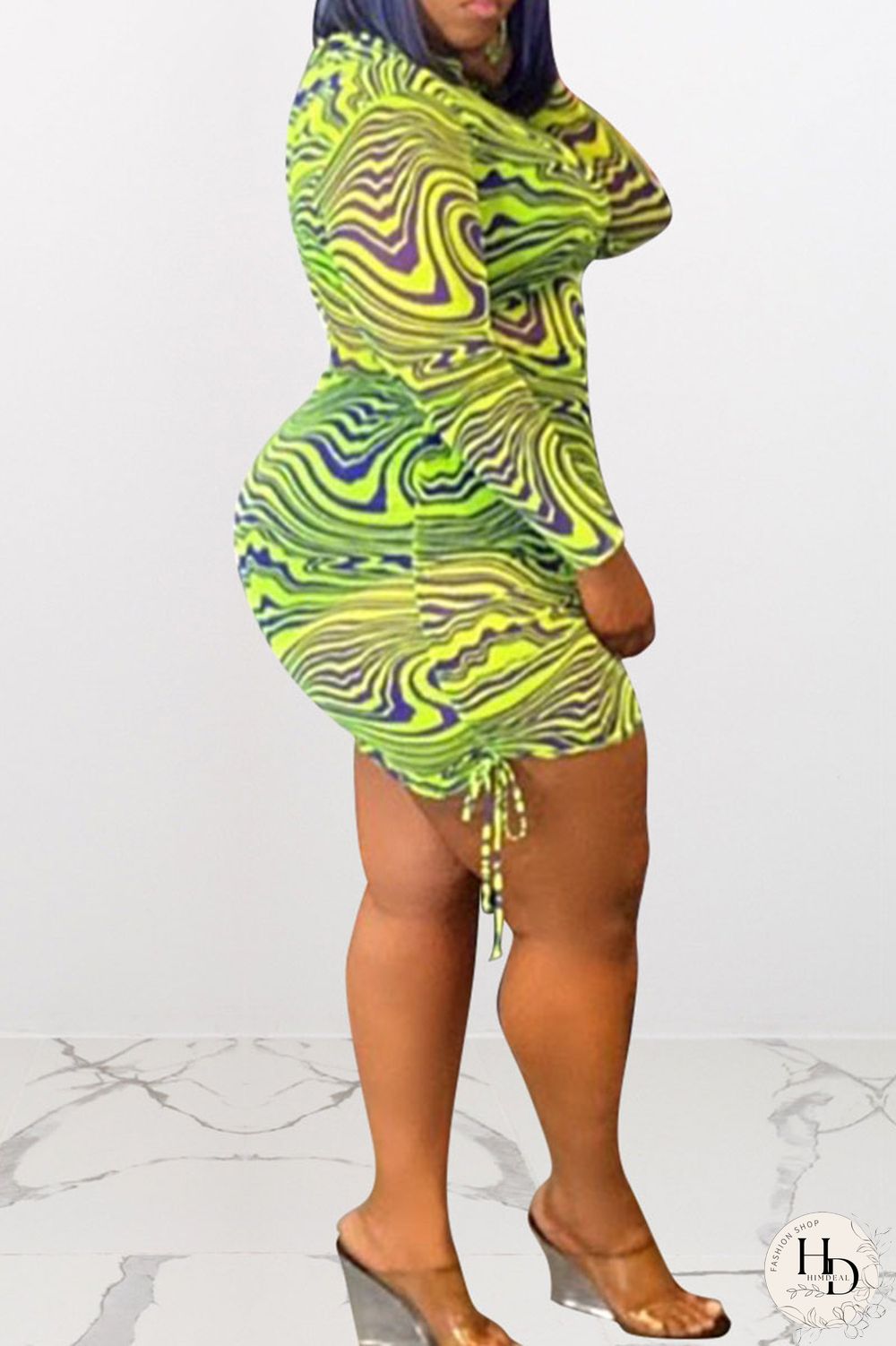 Fluorescent Green Sexy Print Split Joint Frenulum Fold O Neck Pencil Skirt Plus Size Dresses