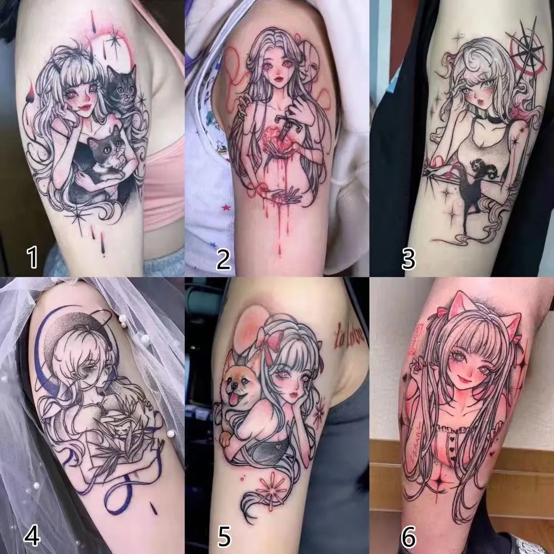 New 6pc/Lot Japanese Cartoon Beautiful Girl Temporary Tattoo Stickers Female Waterproof Cool Fake Tattoo Art Arm Tattoo Stickers