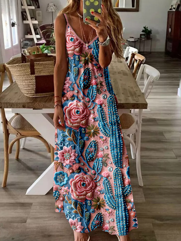 Western Cactus Floral Embroidered Cami Maxi Dress artswardrobe