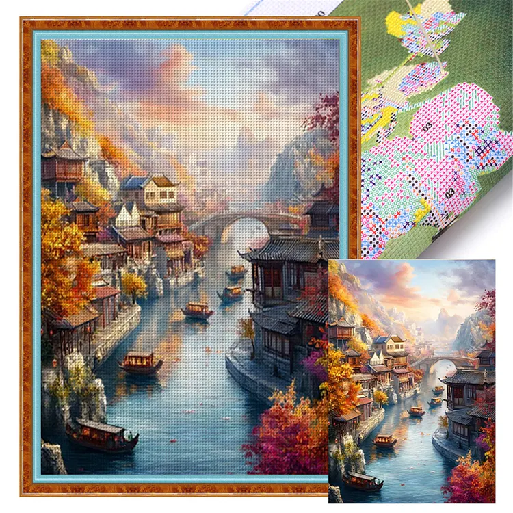 【Mona Lisa Brand-Cotton】Jiangnan Ancient Town - Autumn 50*70cm 11CT Stamped Canvas Cross Stitch gbfke