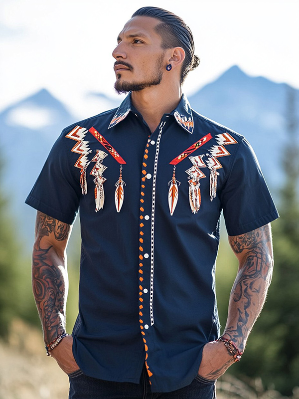 Blue Native American Men's Short Sleeve Ribbon Shirt