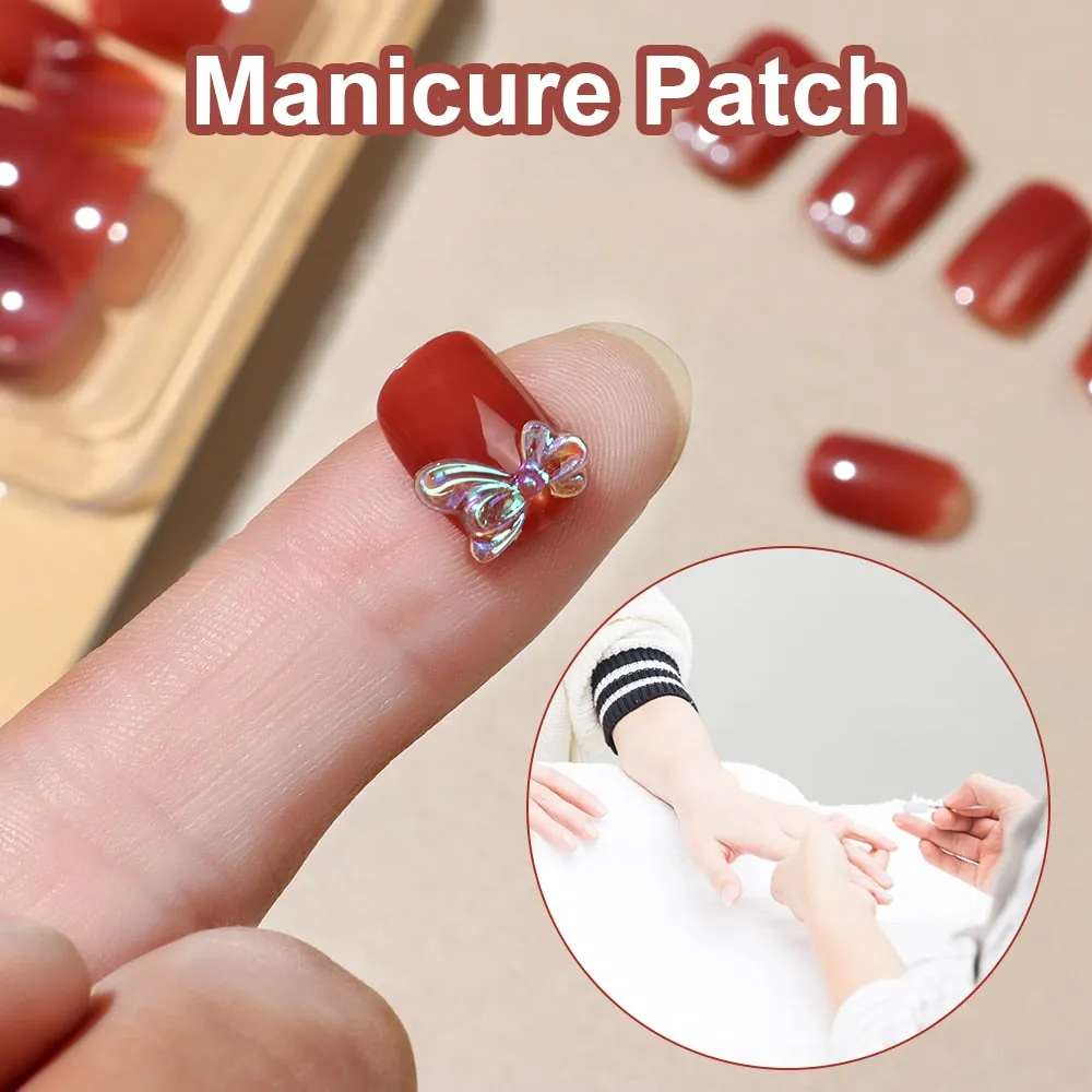 24Pcs Artificial False Nail Short Square Head False Nails Red Bow Decor False Nails With Designs Press On Nails Accessory