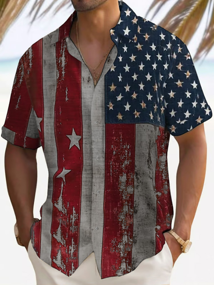 Men's Independence Day Print Lapel Short Sleeve Shirt  artssus