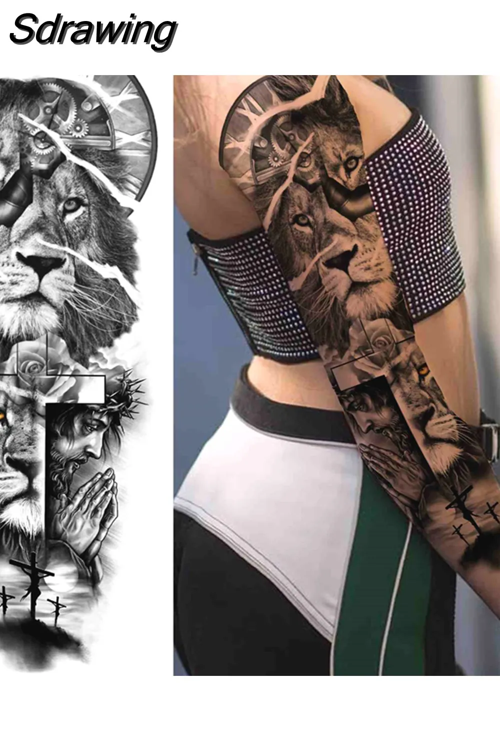 Sdrawing Arm Temporary Tattoos Sleeve For Men Women Realistic Fake Tatoos Warrior Lion Tiger Flower Tatoo Sticker Black Totem Maori 507-1