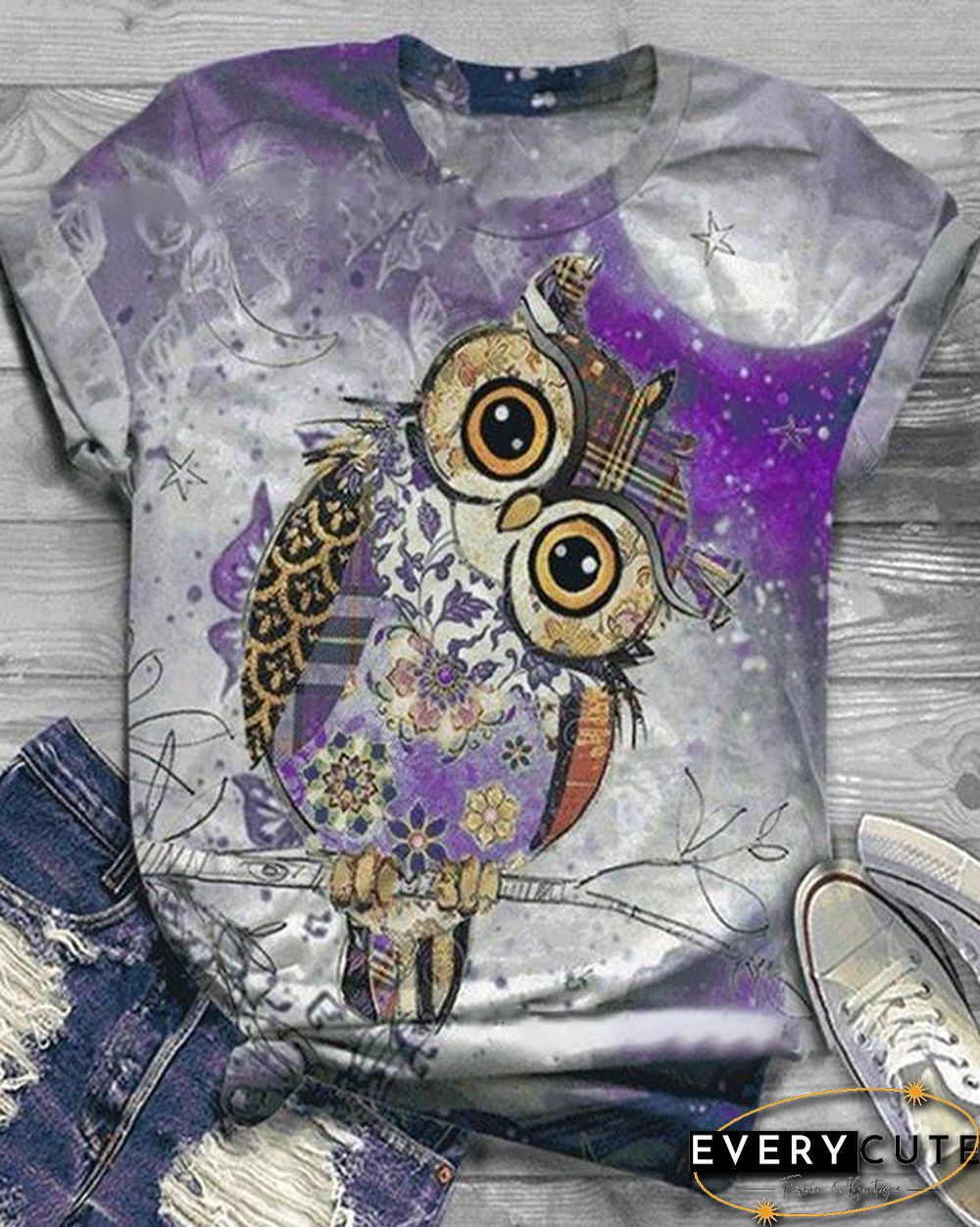 Plus Size Animal Printed Short Sleeve Crew Neck Casual Shirts & Tops