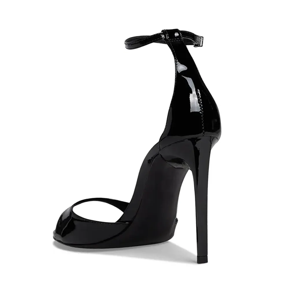 Black Patent Leather Round Toe Ankle Strap Buckle High Heels Sandals