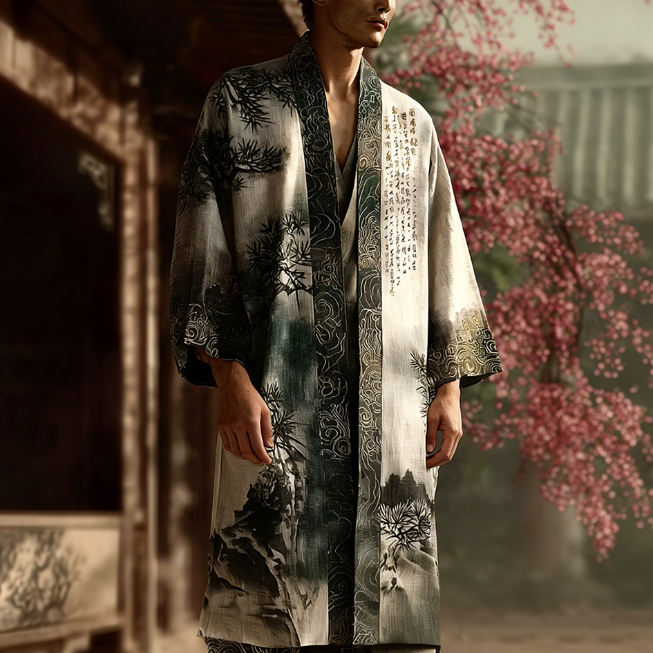 Japanese Art Retro Ink Painting Pattern Design Men's Casual Linen Kimono elevenforest