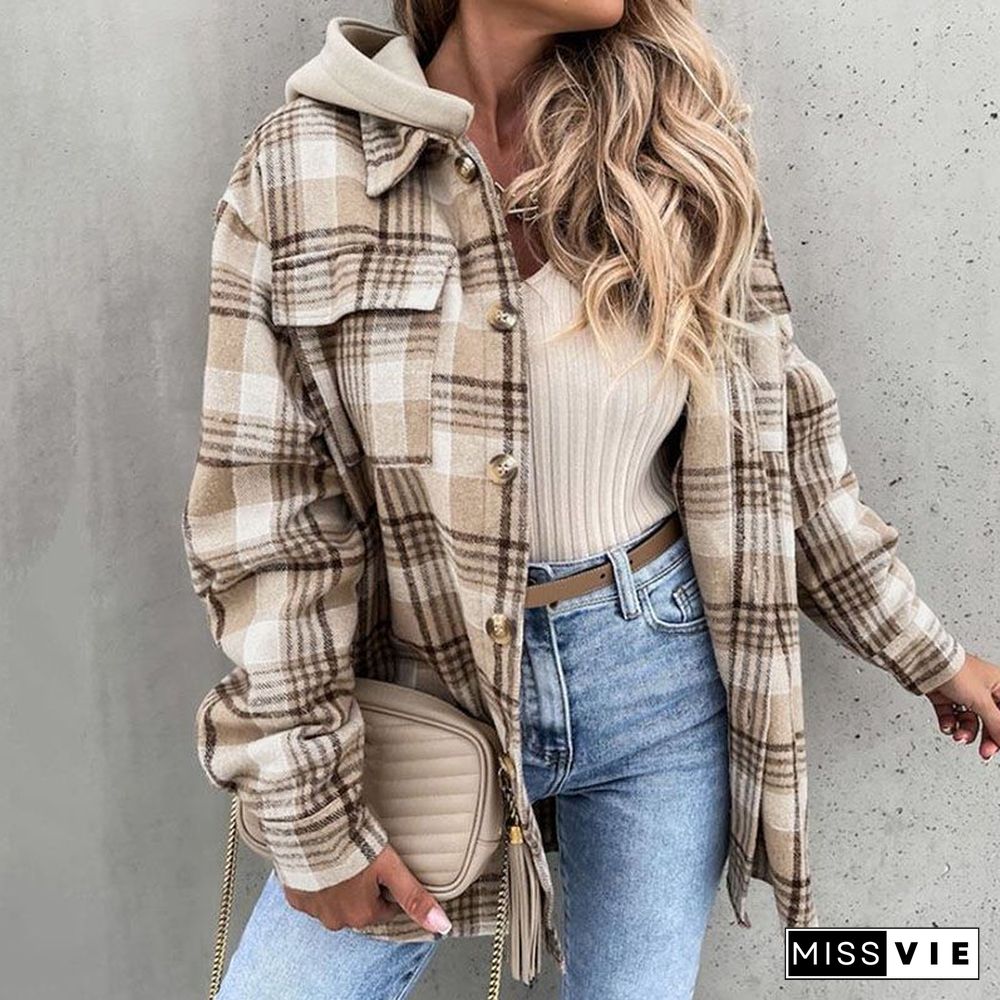 Oversizd Fit Button Up Hoodies Casual Multi Colored Hooded Flannel Shirt