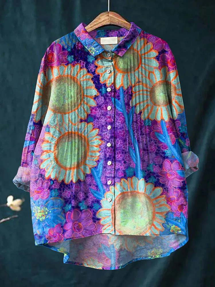 Women's Beautiful Large Flower Painting Art Print Casual Cotton And Linen Ruffle Shirt