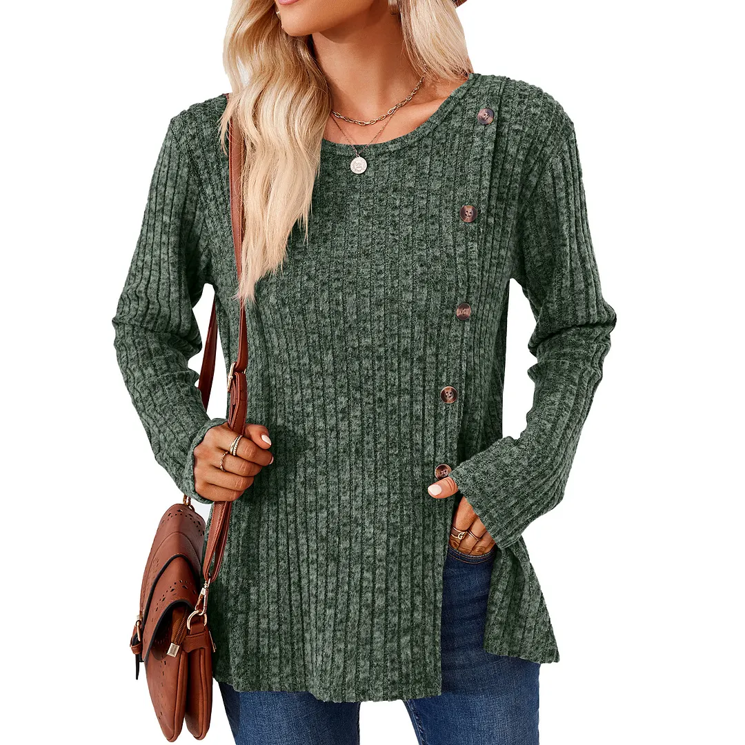 Churchf Churchf New Round Collar Solid Color Splicing Button Long Sleeve Loose T Shirt Women