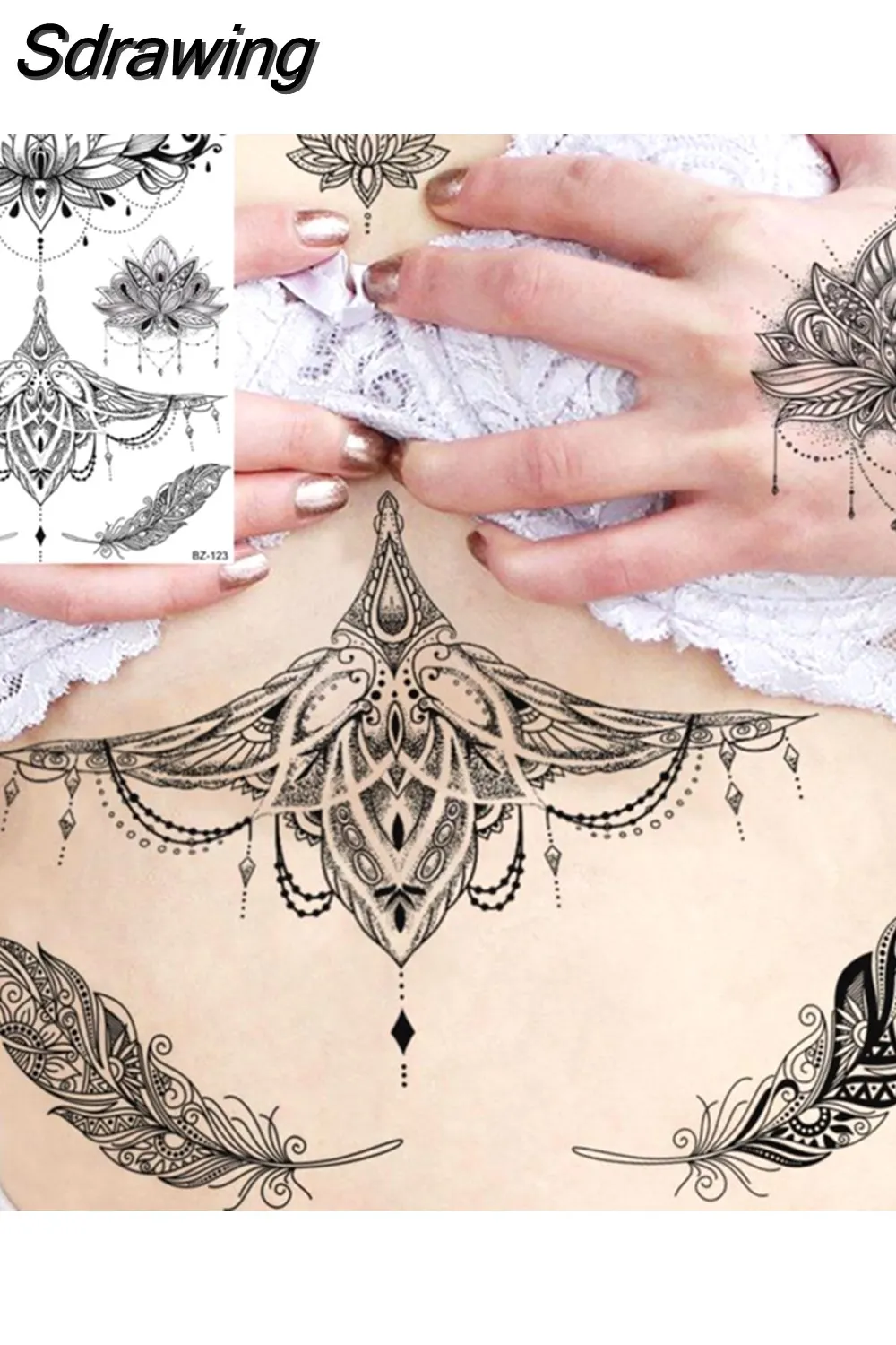 Sdrawing Peony Flower Temporary Tattoos For Women Adults Realistic Compass Moon Pendant Fake Tattoo Sticker Arm Body Tatoos 507-1