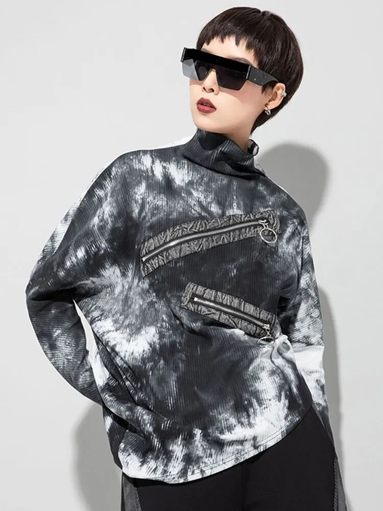 Fashion Turtleneck Tie-dye Printed Splicing Zipper Decor Irregular Hem Long Sleeve T-shirt 