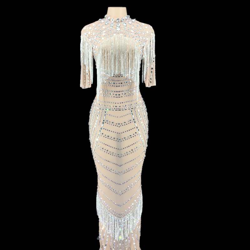 GOOSHOE See Through Mesh Crystals Long Dress Women Celebration Rhinestones Dress Party Prom Floor Length Perspective Dress