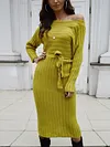 Off-The-Shoulder Long Sleeve Loose Solid Color Belted Knitting Midi Dress