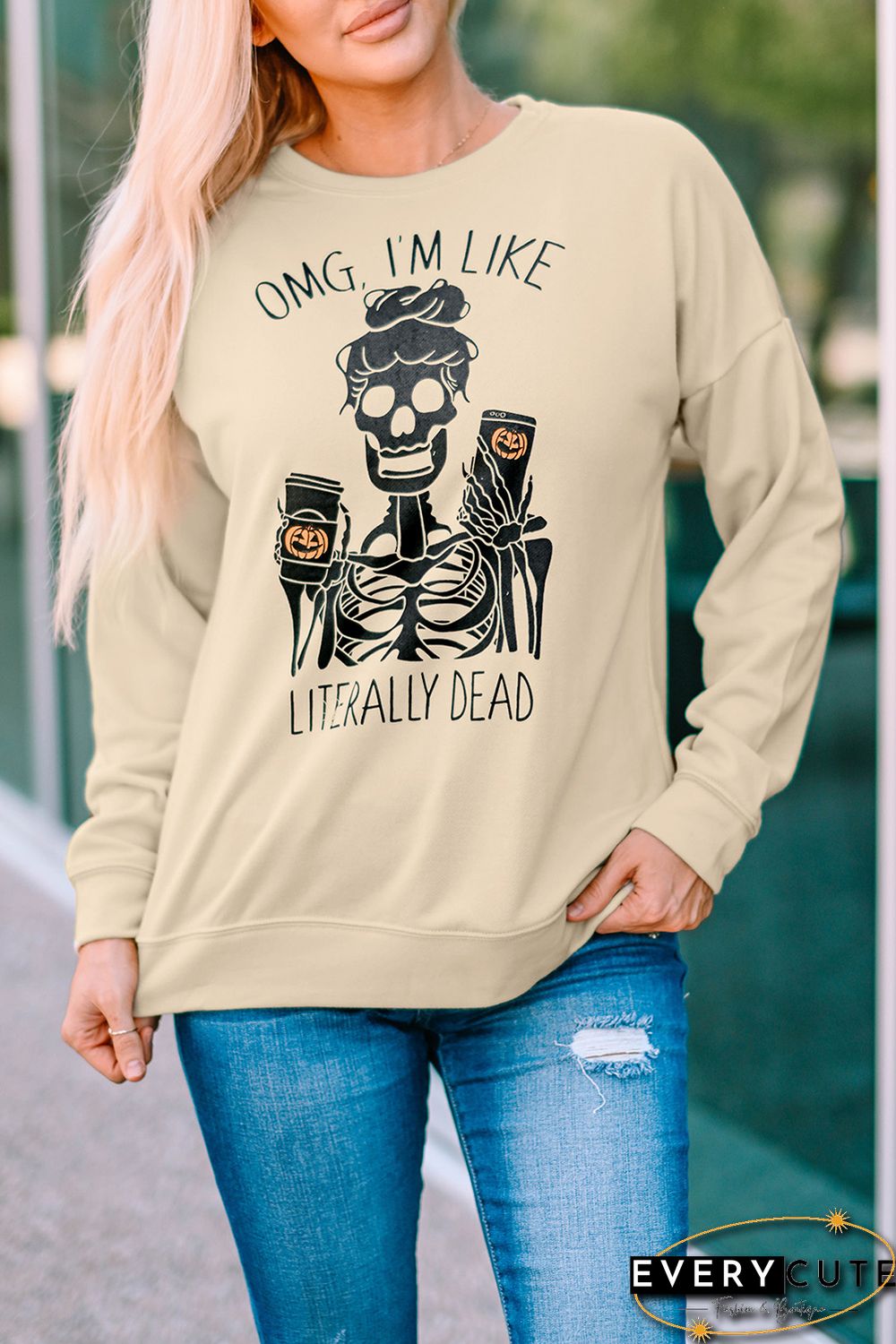 Halloween Skeleton Letter Print Crew Neck Pullover Sweatshirt