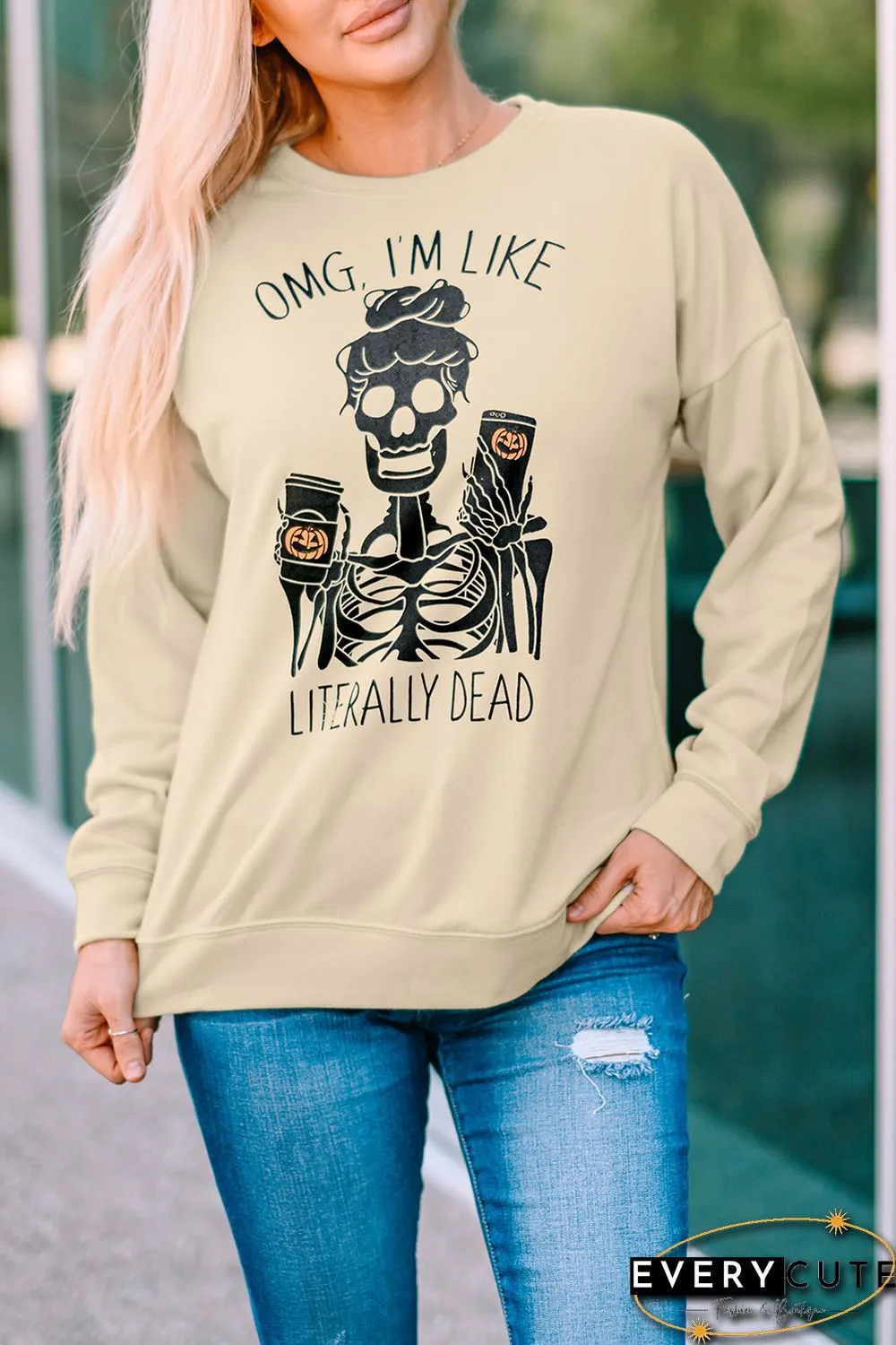 Halloween Skeleton Letter Print Crew Neck Pullover Sweatshirt