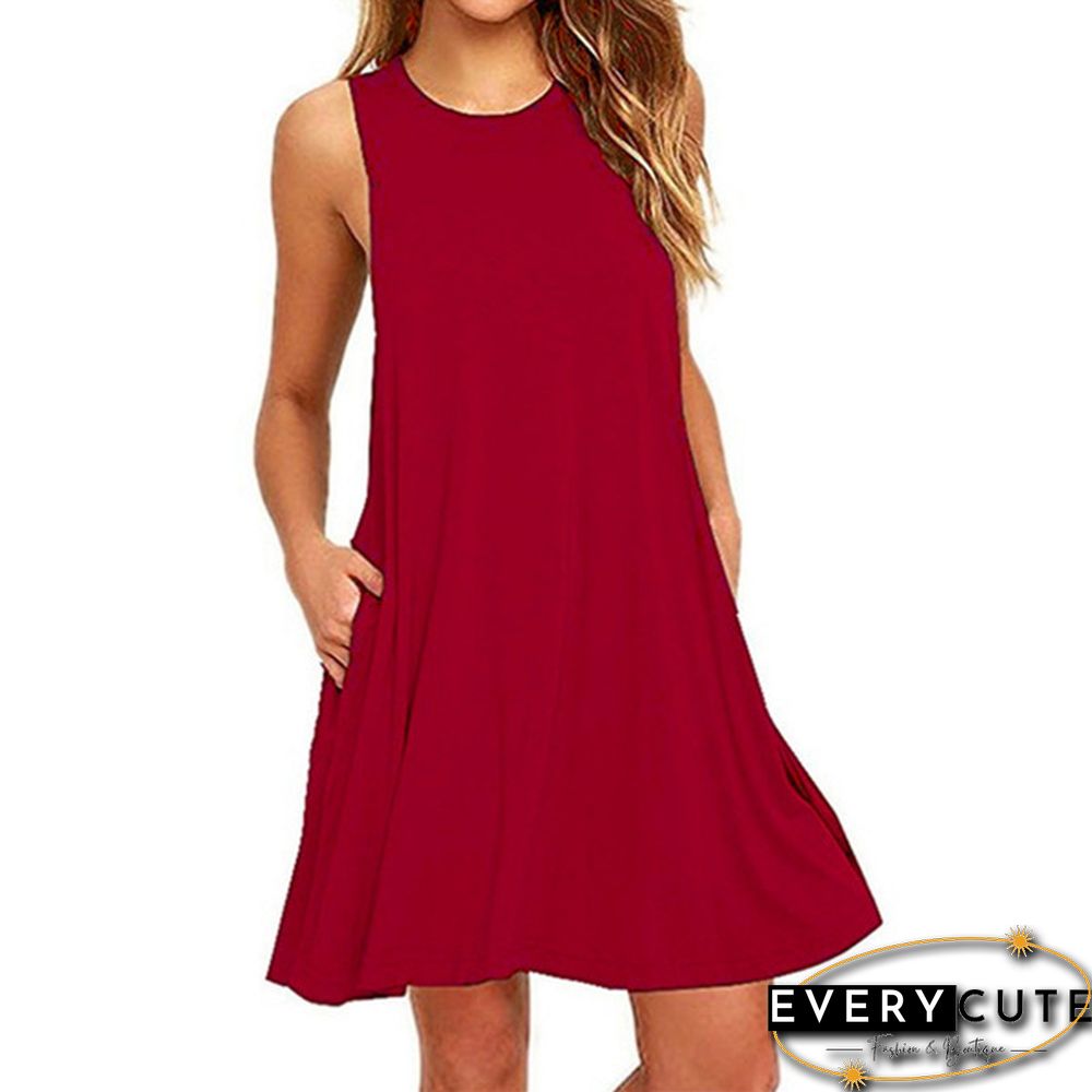 Plus Size XS-8XL Summer Women Casual Round Neck Solid Color Loose Sleeveless Beach Tank Top A-line Pocket Dress Sexy Short Club Party Mini Halter Midi Dresses Robe Ete Femme Knee Length Pleated Skirts Ladies Fashion Swing Cotton T-Shirt Dress