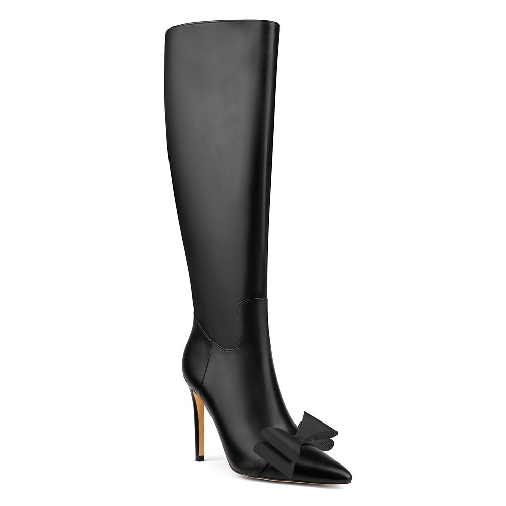 100mm Women's Fashion Zipper Leather High Heels Knee Boots Bowknot Shoes-MERUMOTE