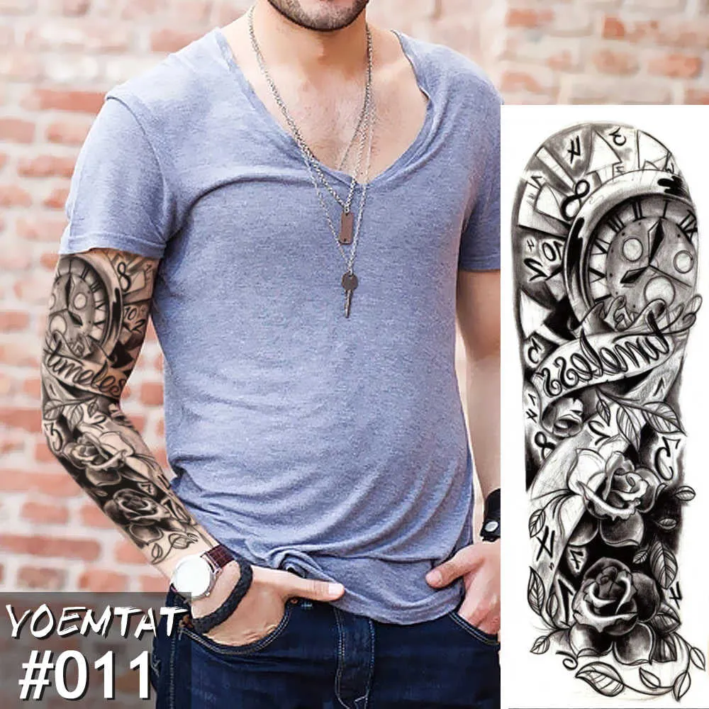 Large Arm Sleeve Tattoo Sketch Lion Tiger Waterproof Temporary Tattoo Sticker Crow Warrior Soldier Men Full Skull Totem Tattoo