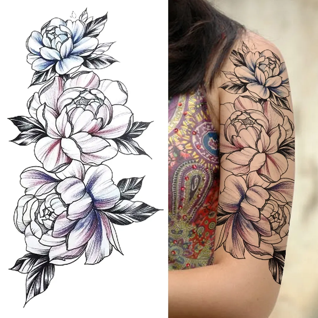 Realistic Fake Peony Temporary Tattoos For Women Girl Black Rose Elephant Flower Tattoo Sticker Tiger Anemone Tatoos Half Sleeve 515-1