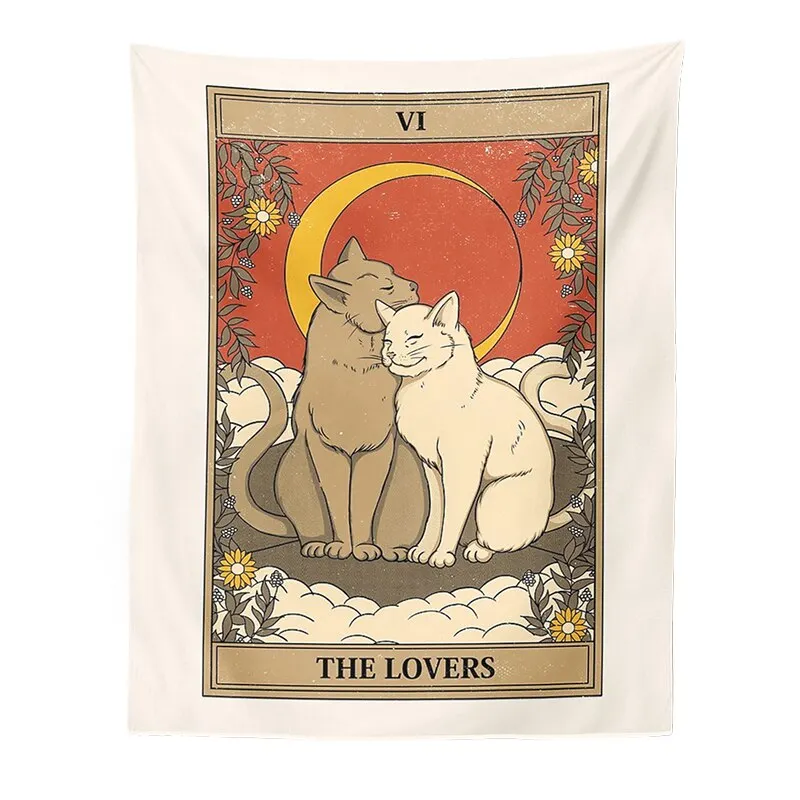 Cat Divination Witchcraft Tarot Card Tapestry Wall Hanging Tapestries Baphomet Occult Home Wall Moon phase Mat Decor Cat Coven