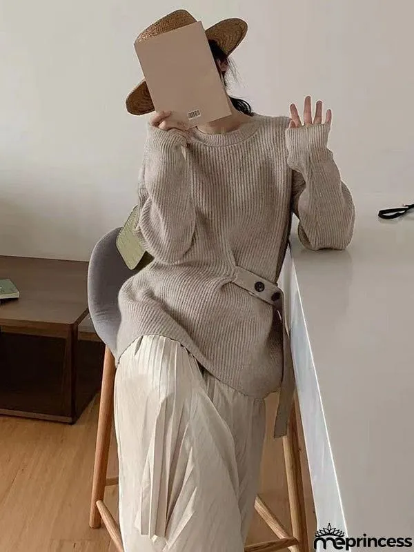 Casual Long Sleeves Loose Solid Color Round-Neck Sweater Tops