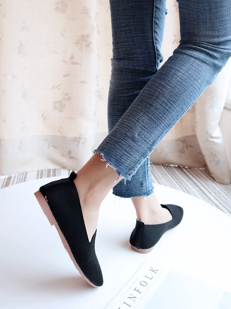 2022 Plus Size Spring New Ballet Flats Women Square Toe Knit Fabric Loafers Breathable Flat Heel Drive Shoes Driving Sneaker