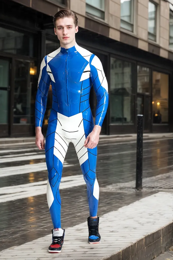 Men Latex Catsuits Male Cygnus Constellation Warrior Cool with Metal Chains & Full-Length Zipper